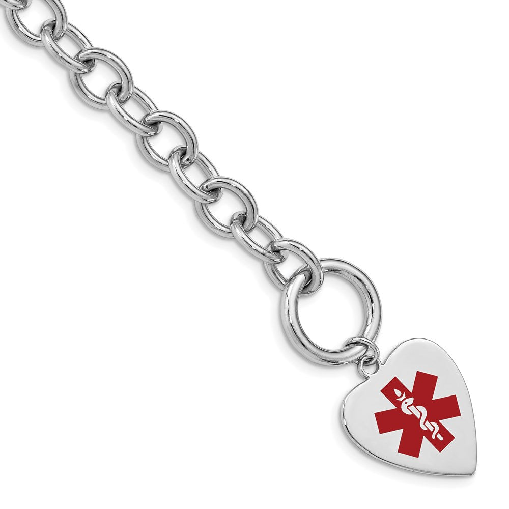 Sterling Silver Rhodium Engraveable Enamel Heart Medical ID Bracelet 7.75 inches