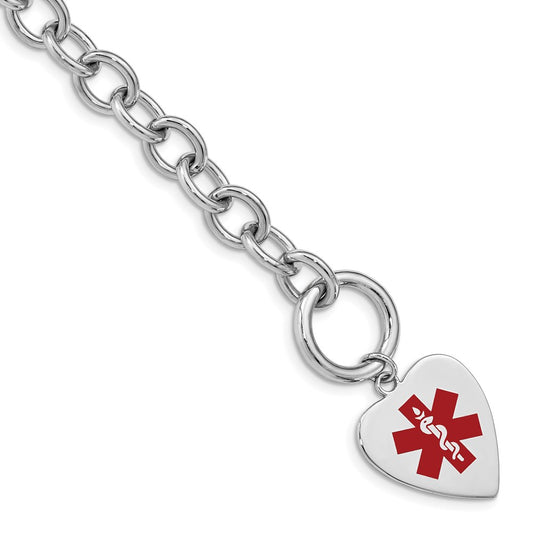 Sterling Silver Rhodium Engraveable Enamel Heart Medical ID Bracelet 7.75 inches