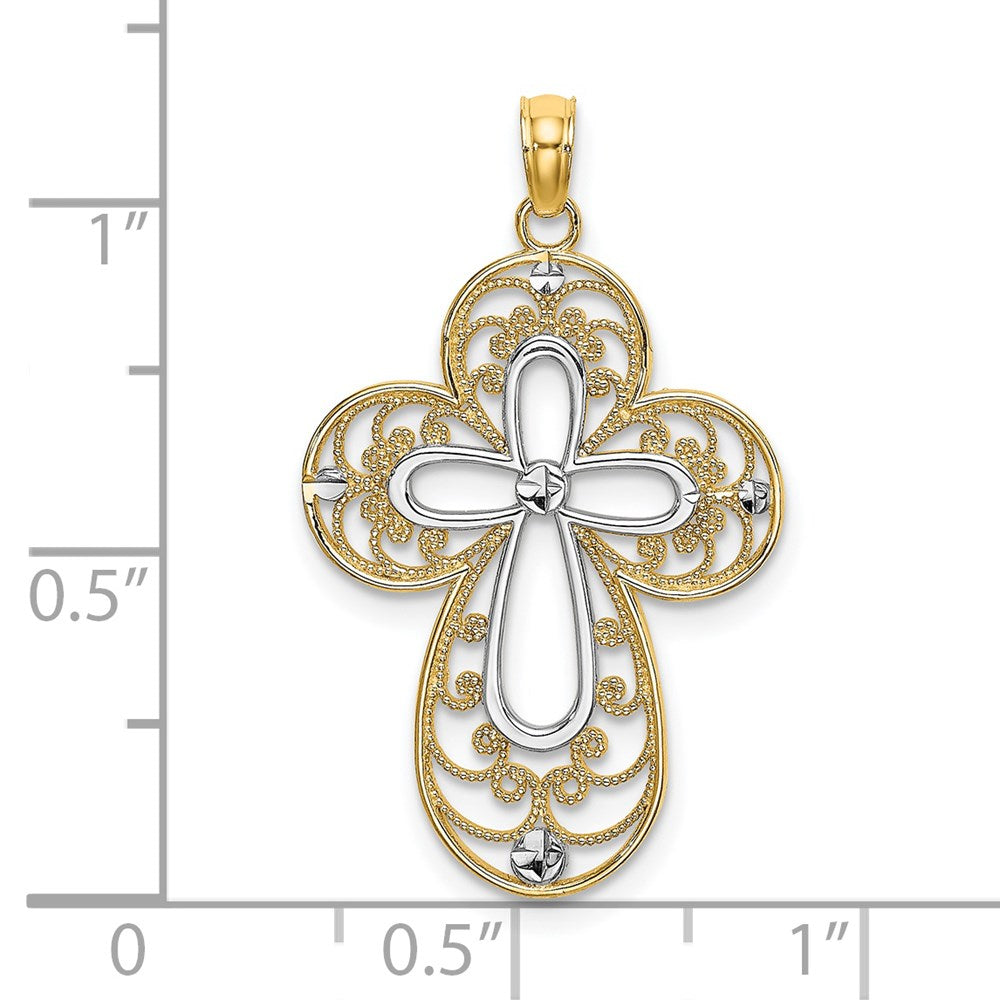 14K W/ Rhodium D/C Filigree Cross Charm