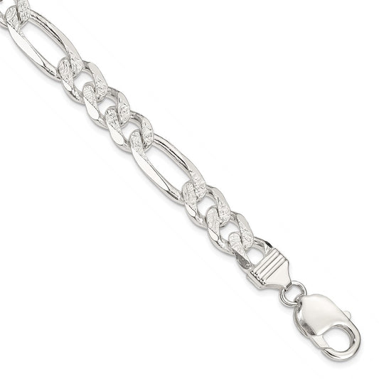 Sterling Silver 9.5mm Pav‚ Flat Figaro Chain 8 inches