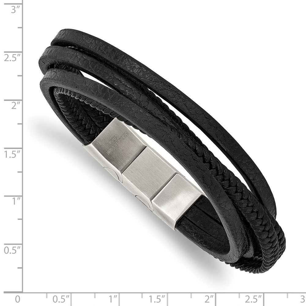 Stainless Steel Polished Black PU Leather Multi Strand w/.5in ext Bracelet 8 inches