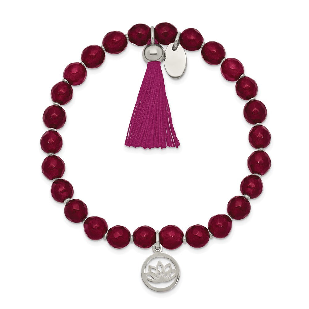 Stainless Steel Polished Lotus w/Tassel Pink Jade Beaded Stretch Bracelet 6.25 inches