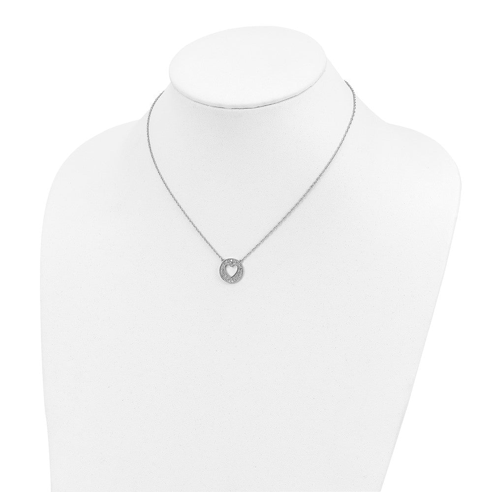 Sterling Silver Polished Diamond Heart in Circle with 2 in ext Necklace