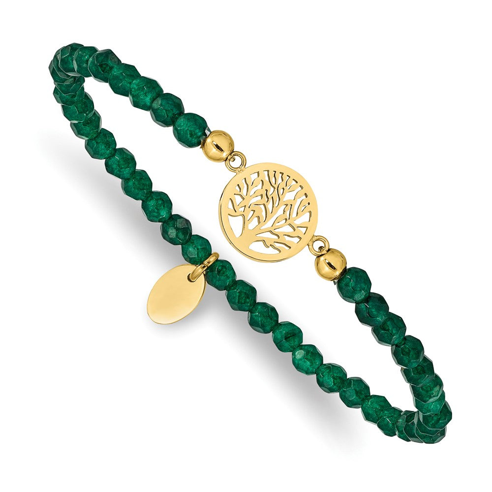 Stainless Steel Polished Yellow IP Tree of Life Green Jade Stretch Bracelet 6.5 inches
