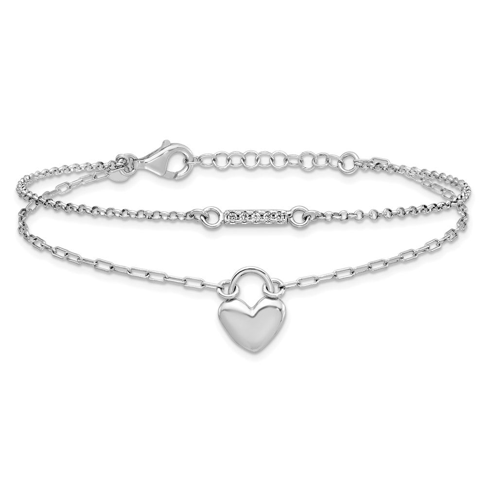 Sterling Silver Rhodium-plated CZ Puffed Heart 7 inch with 1 inch extender 2-strand Bracelet 8 inches