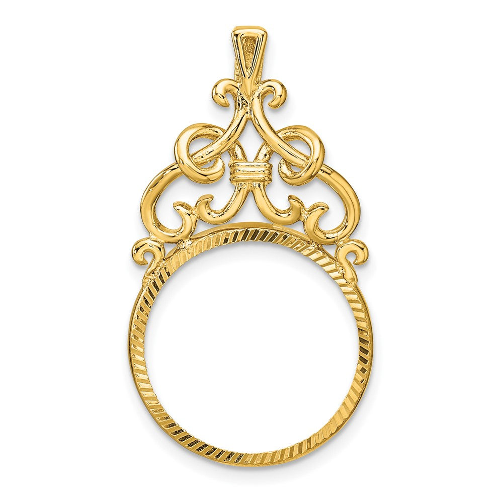 Wideband Distinguished Coin Jewelry 14k Polished Fancy Filigree Top and Diamond-cut 17.8mm Prong Coin Bezel Pendant
