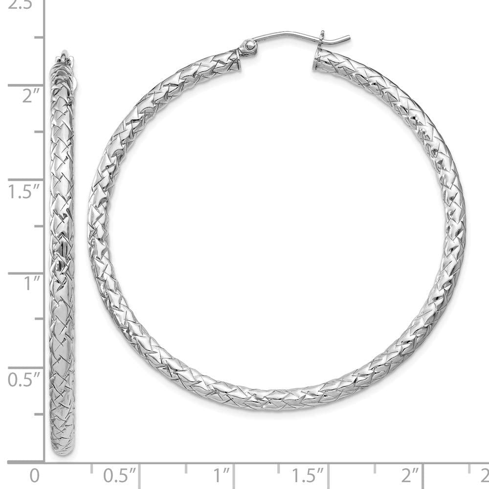 Sterling Silver Rhodium-plated Textured 3x50mm Hoop Earrings