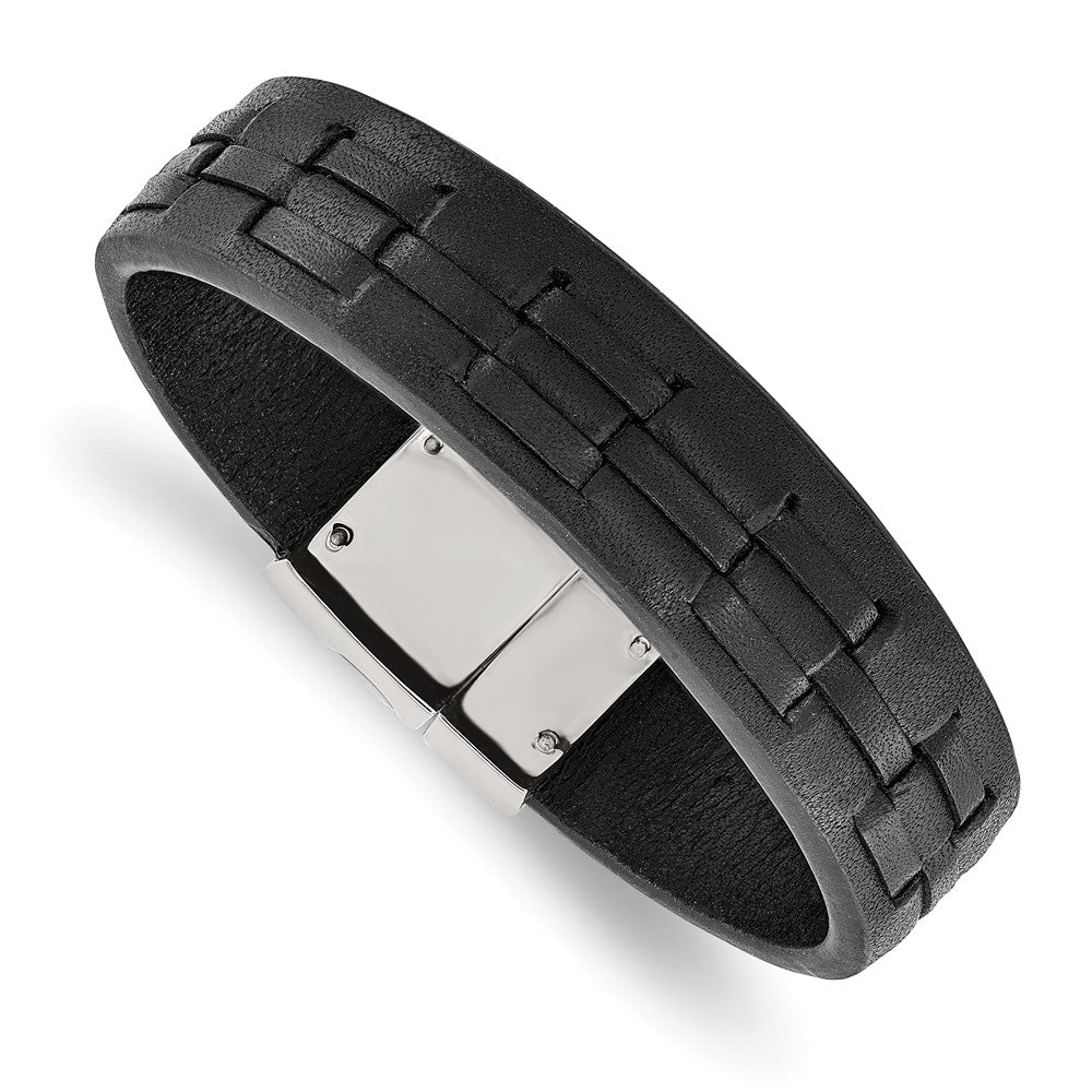 Stainless Steel Polished Black Leather 8in Bracelet 8 inches