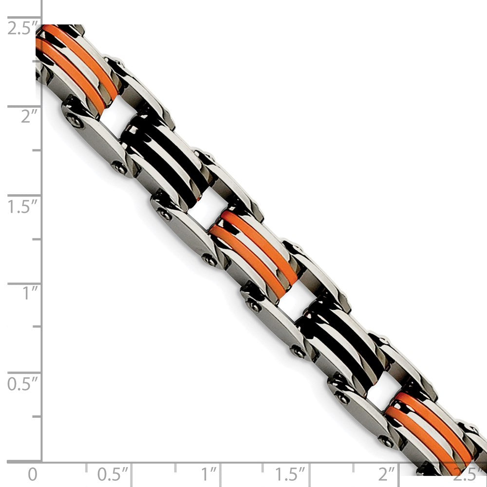 Stainless Steel 8.5in Polished with Rubber Black and Orange Bracelet 8.75 inches
