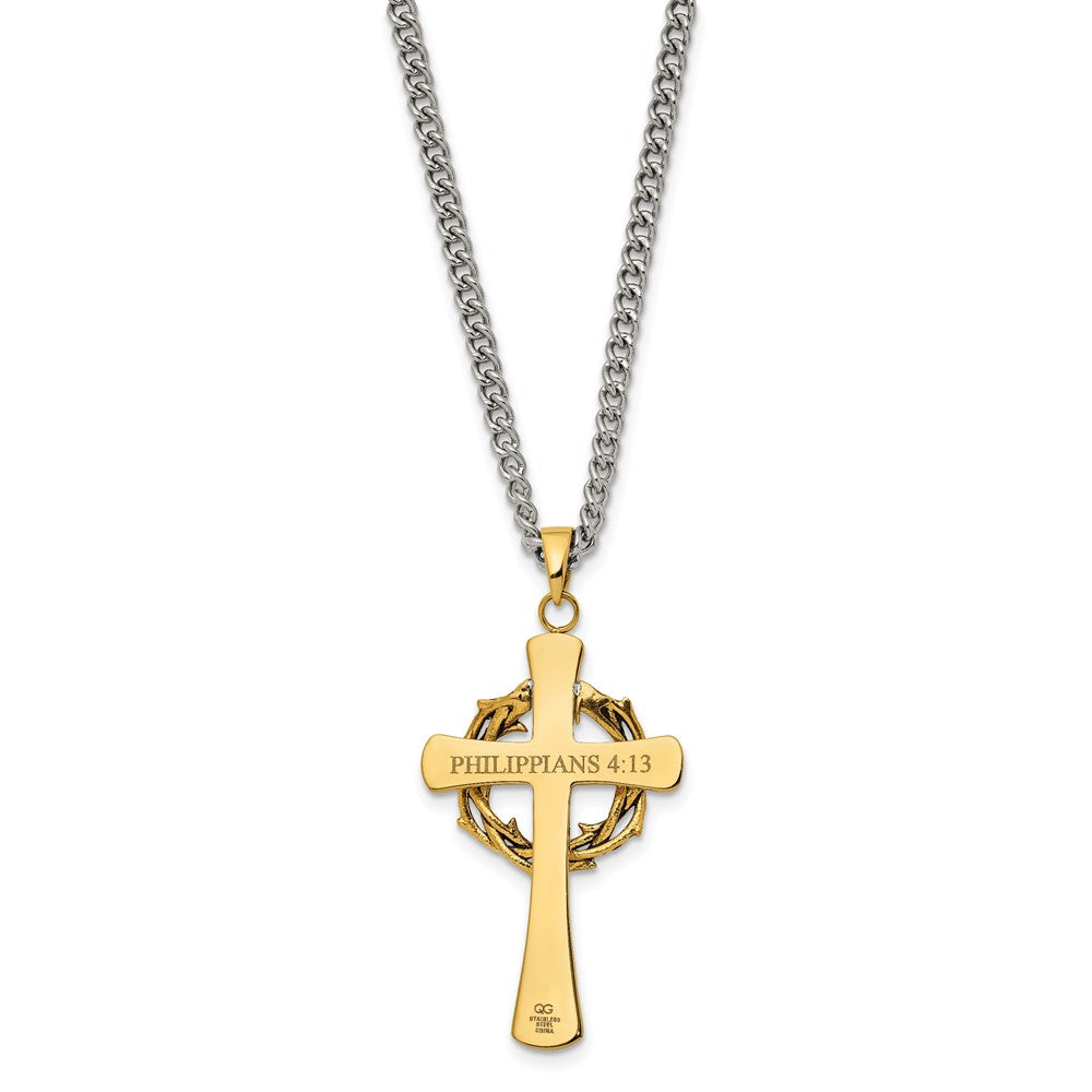 Stainless Steel Brushed and Polished Yellow IP w/CZ Cross 24in Necklace