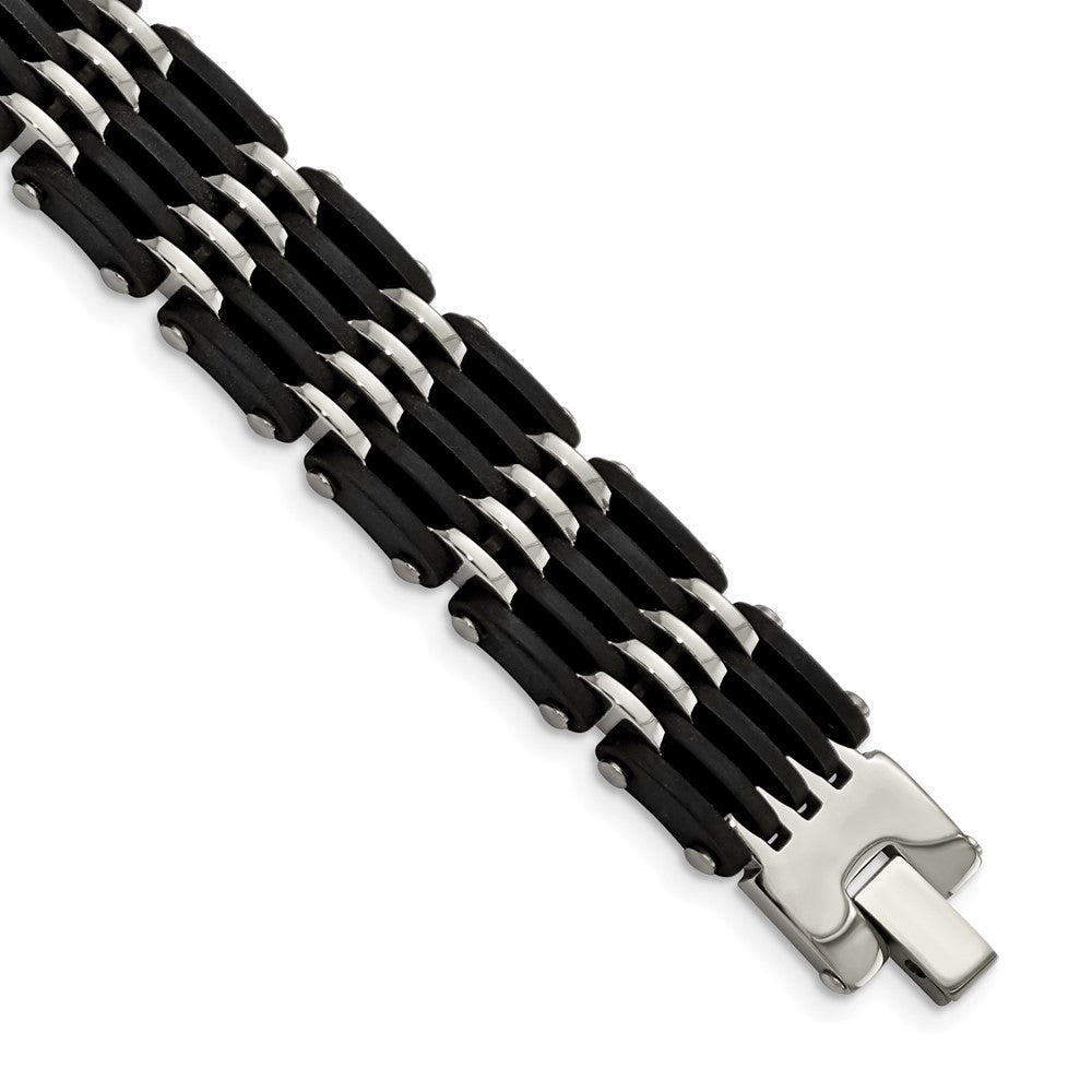 Stainless Steel Polished with Black Rubber 8.25in Bracelet 8.25 inches