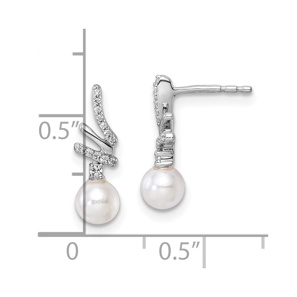14K White Gold Polished Diamond and Pearl Drop Post Earrings
