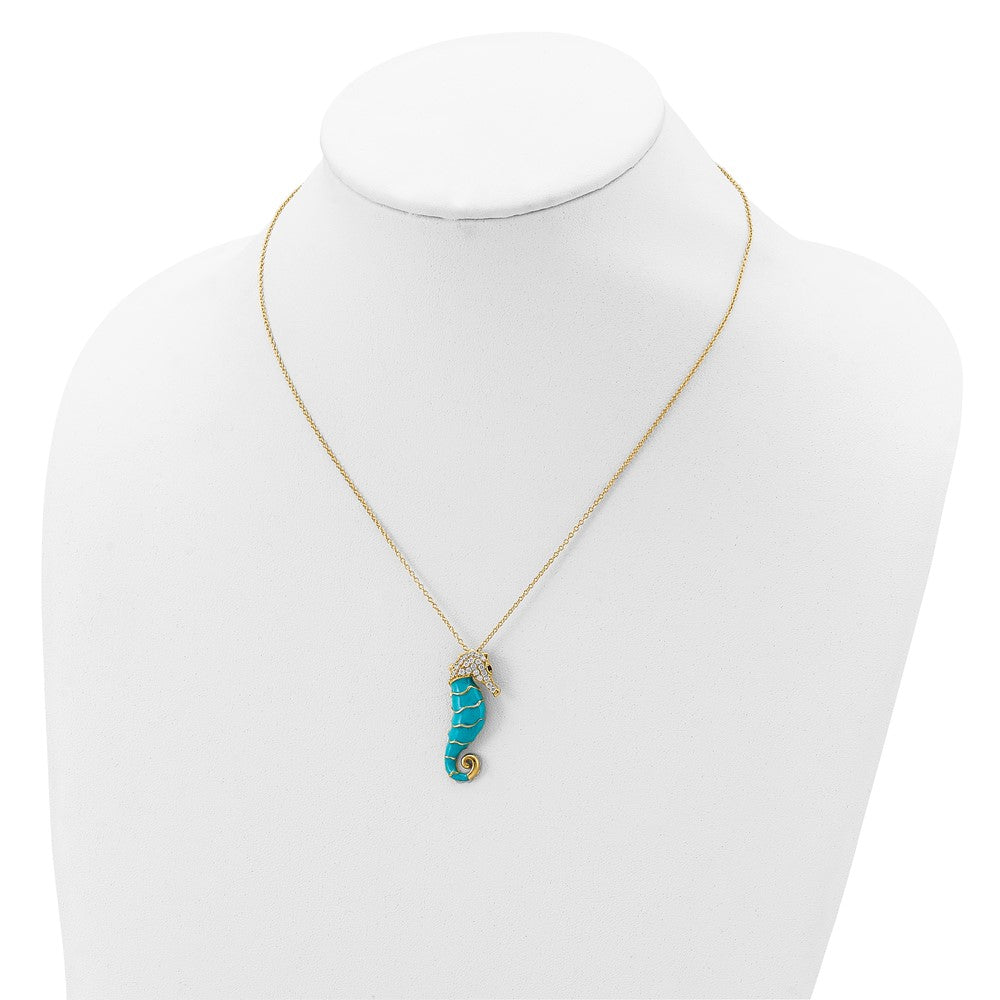 Cheryl M Sterling Silver Gold-plated Enameled Brilliant-cut Black and White CZ Seahorse 18 Inch Necklace 18 Inches