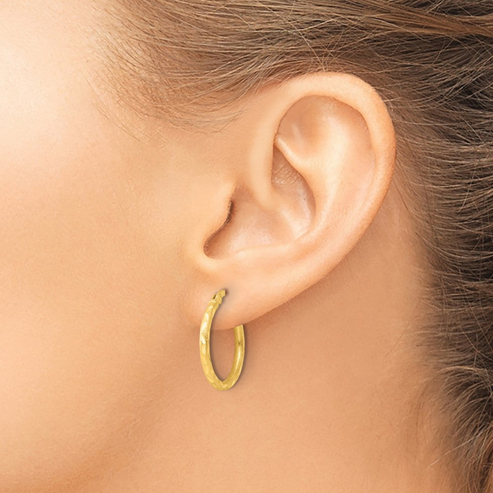 Sterling Silver Gold-tone Satin Diamond-cut 2x20mm Hoop Earrings