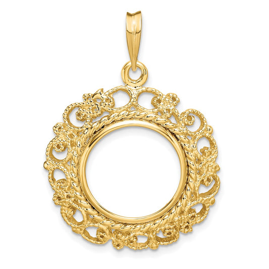 Wideband Distinguished Coin Jewelry 14k Polished and Textured Victorian 15.0mm Prong Coin Bezel Pendant