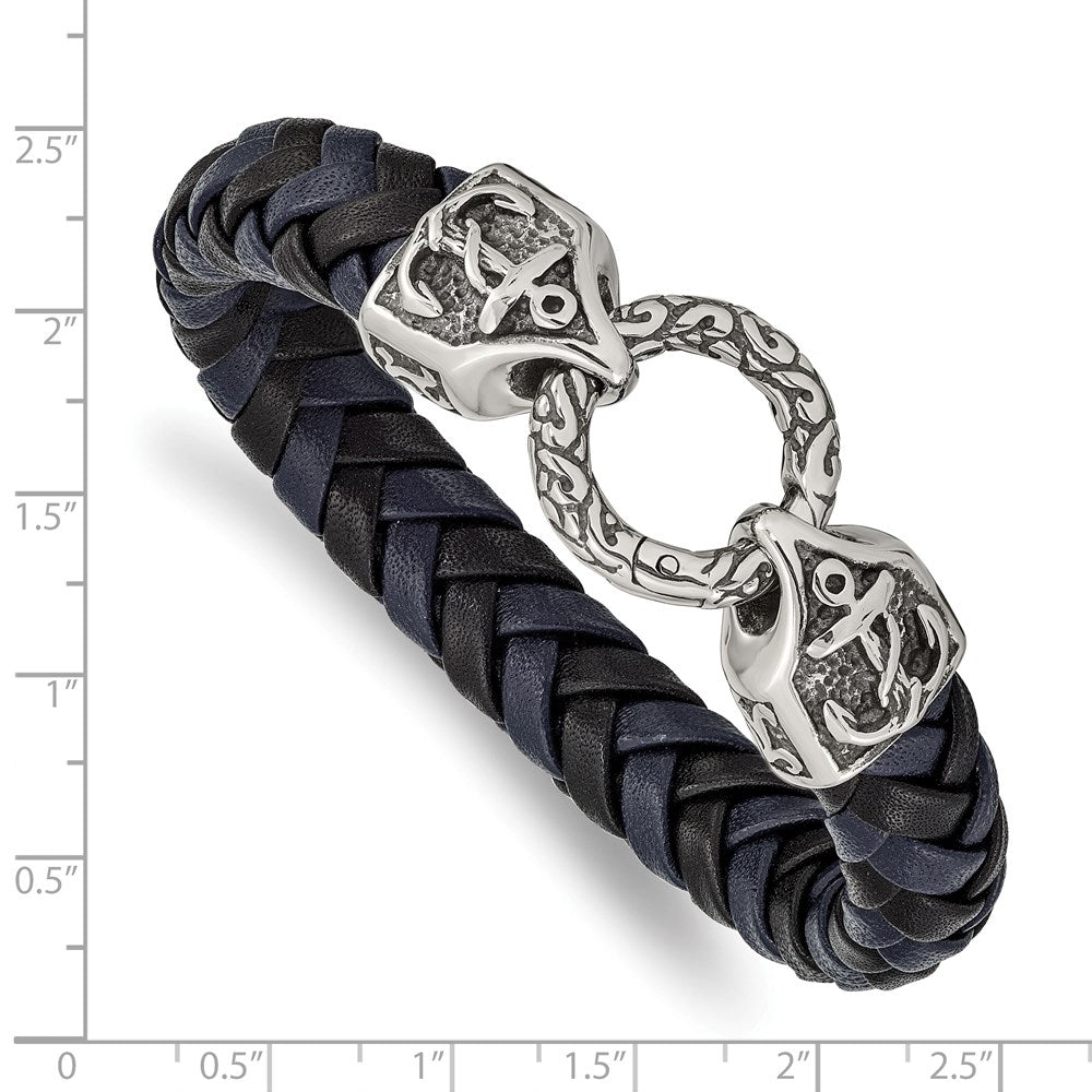 Stainless Steel Antiqued and Polished Black/Blue Leather 8.25in Bracelet 8.25 inches
