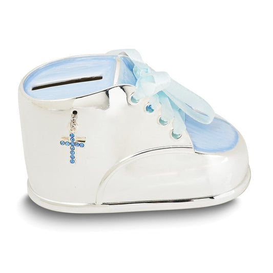 Silver-tone Zinc Alloy Blue Enameled Baby Shoe Bank QGM23588