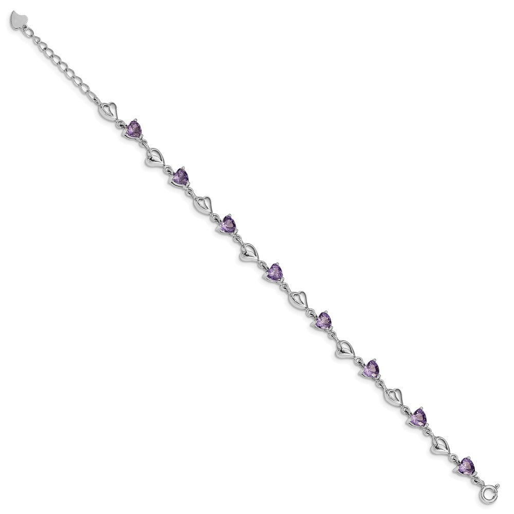 Sterling Silver Rhodium-plated w/1in ext Purple Crystal Hearts Bracelet 6.5 inches