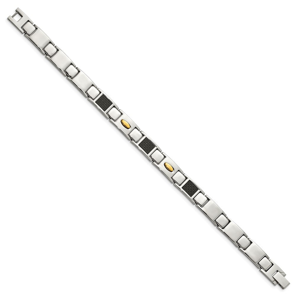Stainless Steel Polished Yellow IP Black Carbon Fiber Inlay 9.25in Bracelet 9.5 inches