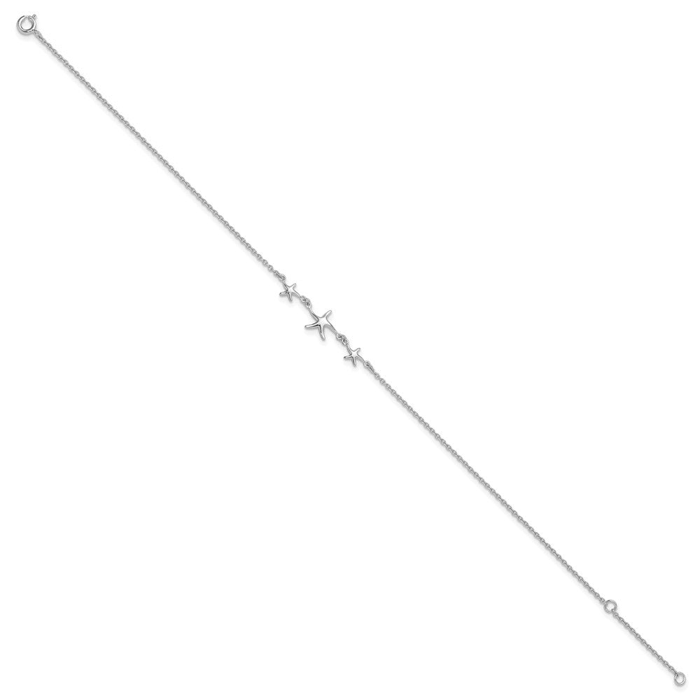 Sterling Silver Rhodium-plated 10in w/1in ext Three Stars Anklet 10 inches