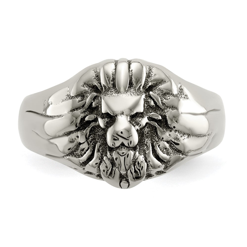 Stainless Steel Antiqued and Polished Lion Head Ring Size - 11