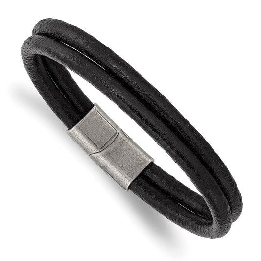 Stainless Steel Antiqued Black Leather 2-Strand 8.25in Bracelet 8.25 inches