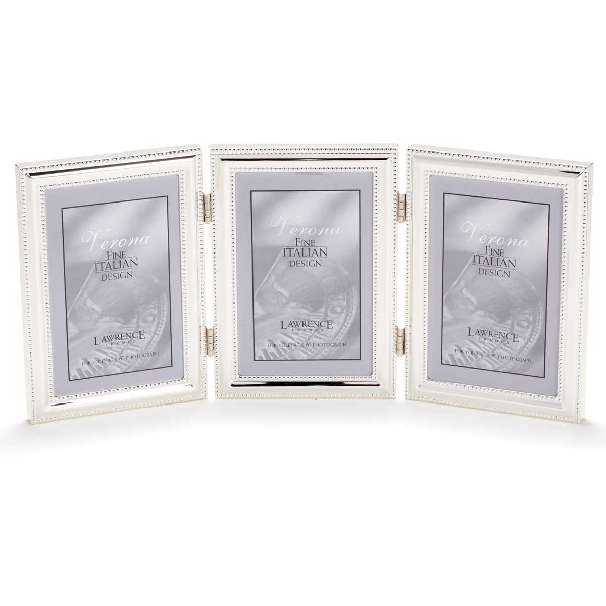 Lawrence Frames 4x6 Hinged Triple (Vertical) Metal Picture Frame Silver-Plate with Delicate Beading
