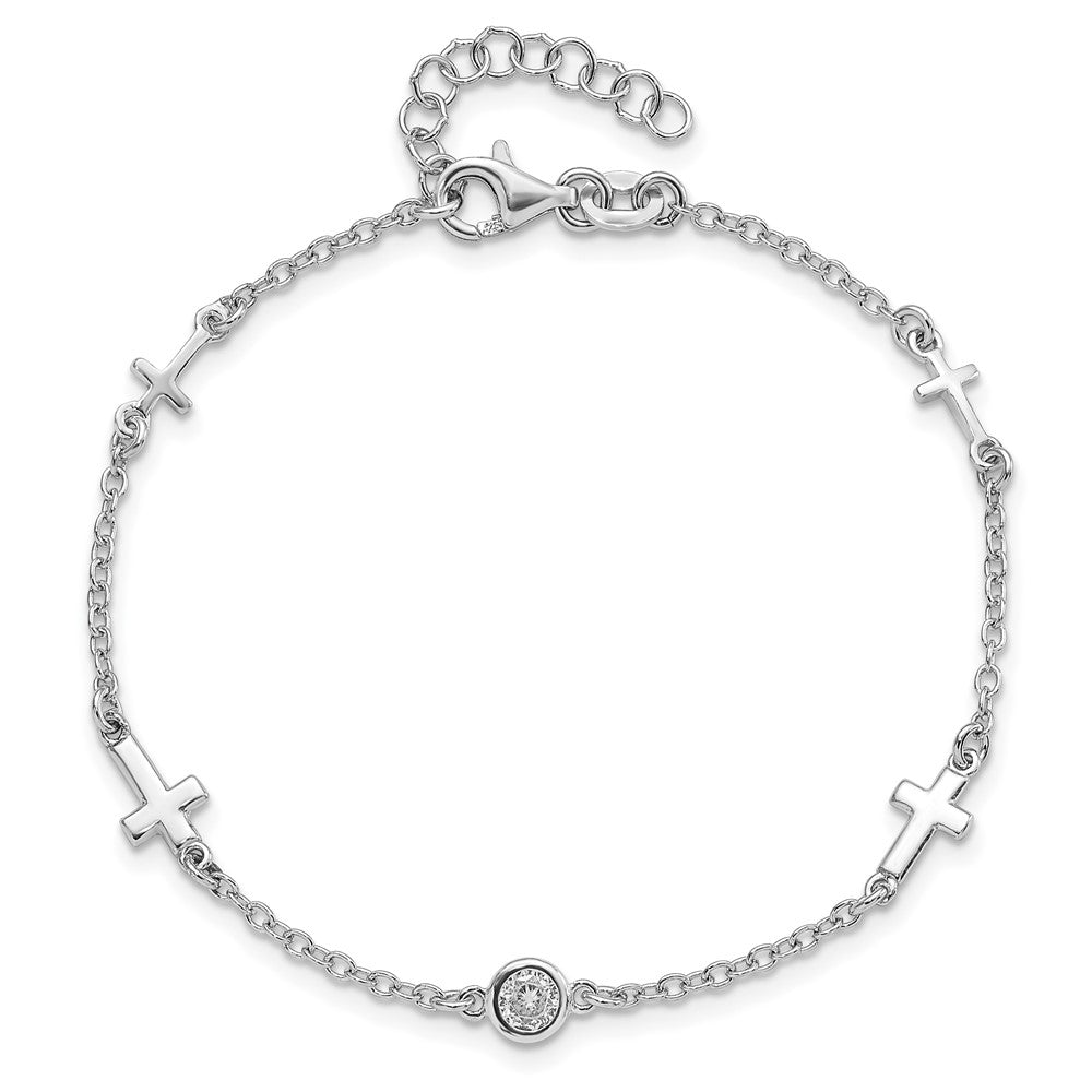 Sterling Silver Rhodium-plated CZ Cross w/ 1in ext. Bracelet 7  inches