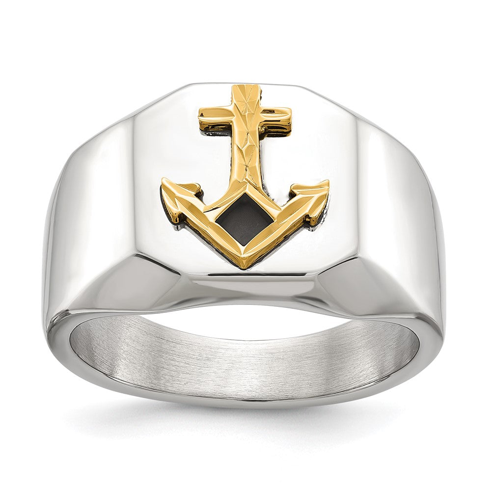 Chisel Stainless Steel Polished with Diamond-cut 14K Gold Accent Anchor with Black Enamel Signet Ring Size - 10