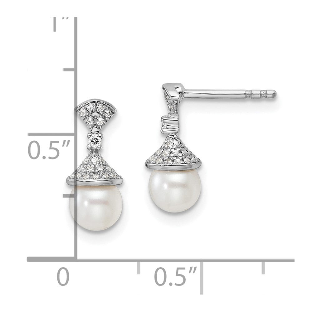 14K White Gold Polished Diamond and Pearl Drop Post Earrings