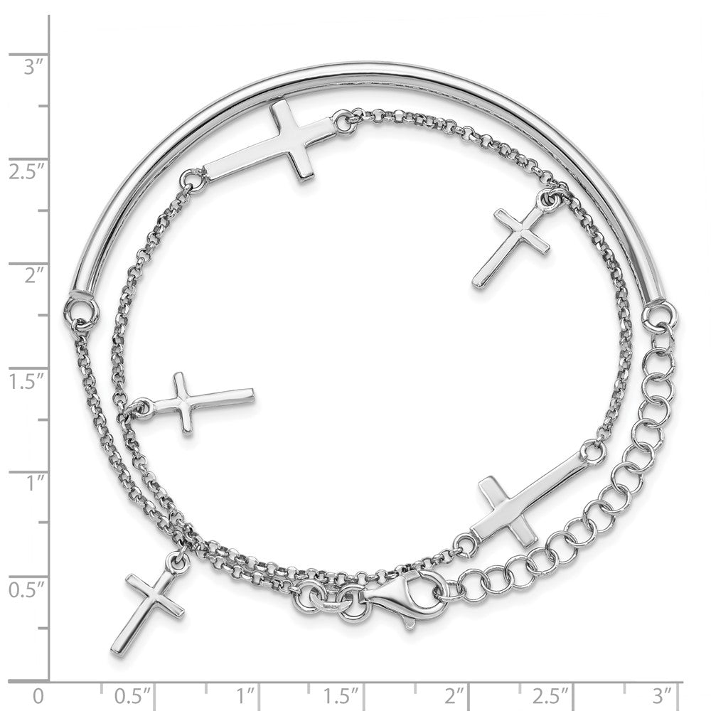 Sterling Silver RH-plt Polished Crosses w/2in ext. Wrap Bracelet 13  inches