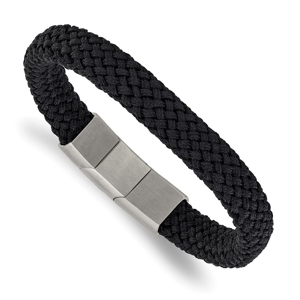 Chisel Stainless Steel Brushed and Polished Black Braided Nylon 8 inch Plus .5 inch Extension Bracelet 8 inches