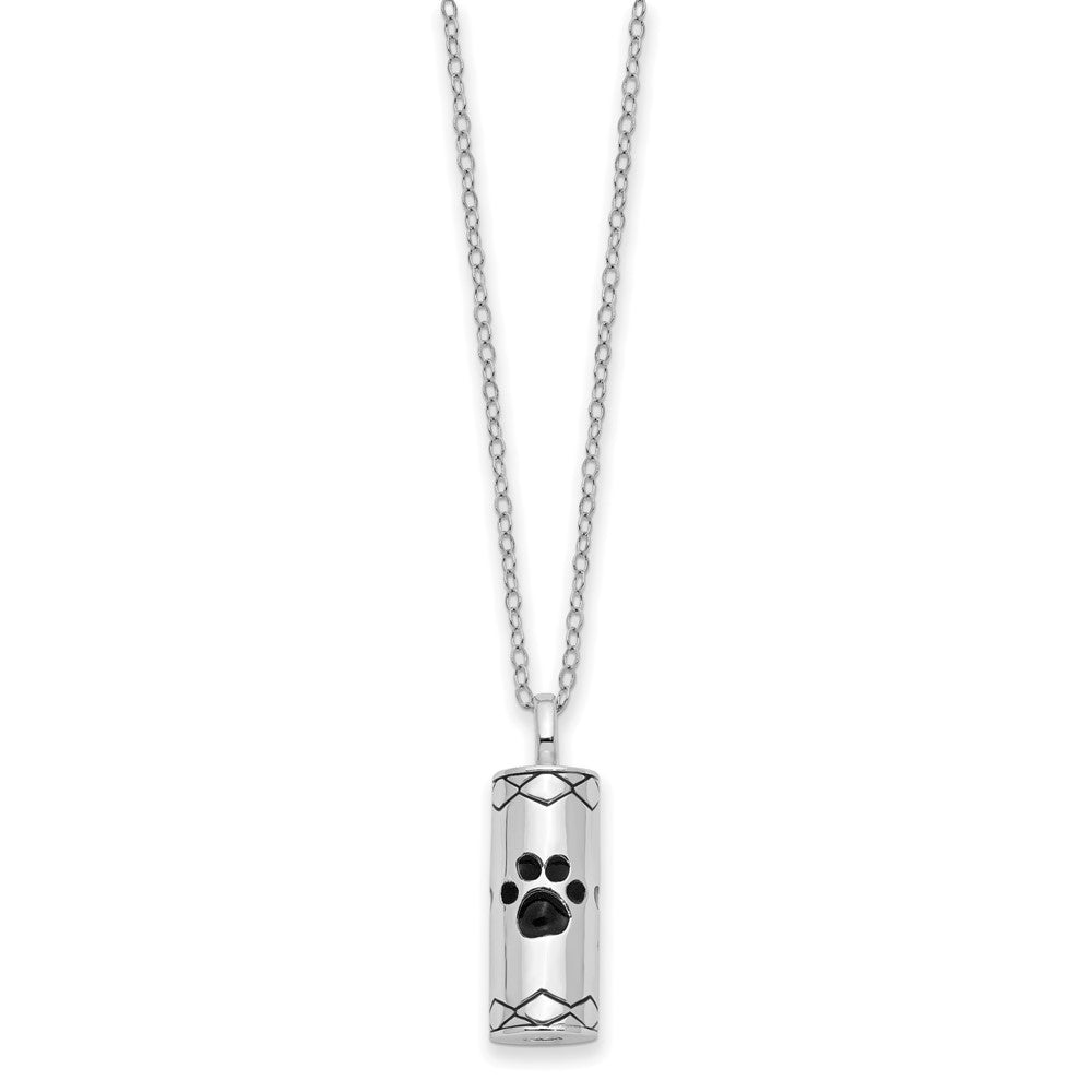 Sentimental Expressions Sterling Silver Rhodium-plated Antiqued Cylinder with Paws Ash Holder 18 Inch Necklace 18 Inches