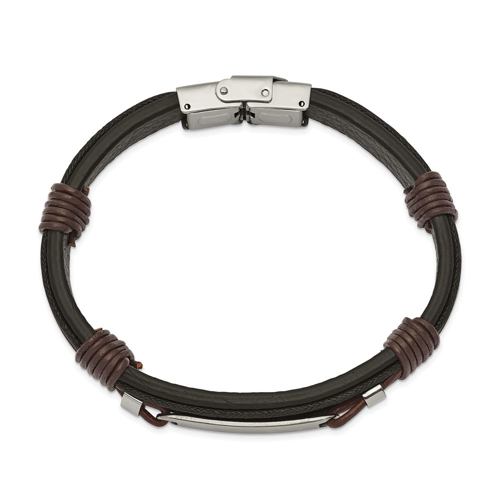 Stainless Steel Polished Black and Brown Leather 8.25in Bracelet 8.25 inches