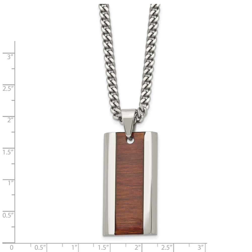 Stainless Steel Polished Red/Orange Koa Wood Inlay Enameled Necklace