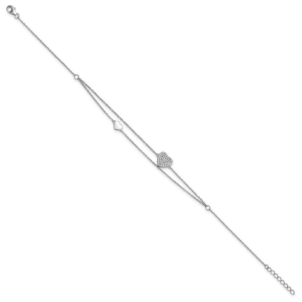 Sterling Silver Rhodium-plated Polished Two-Strand CZ Hearts 9 Inch Plus 1 Inch Extension Anklet