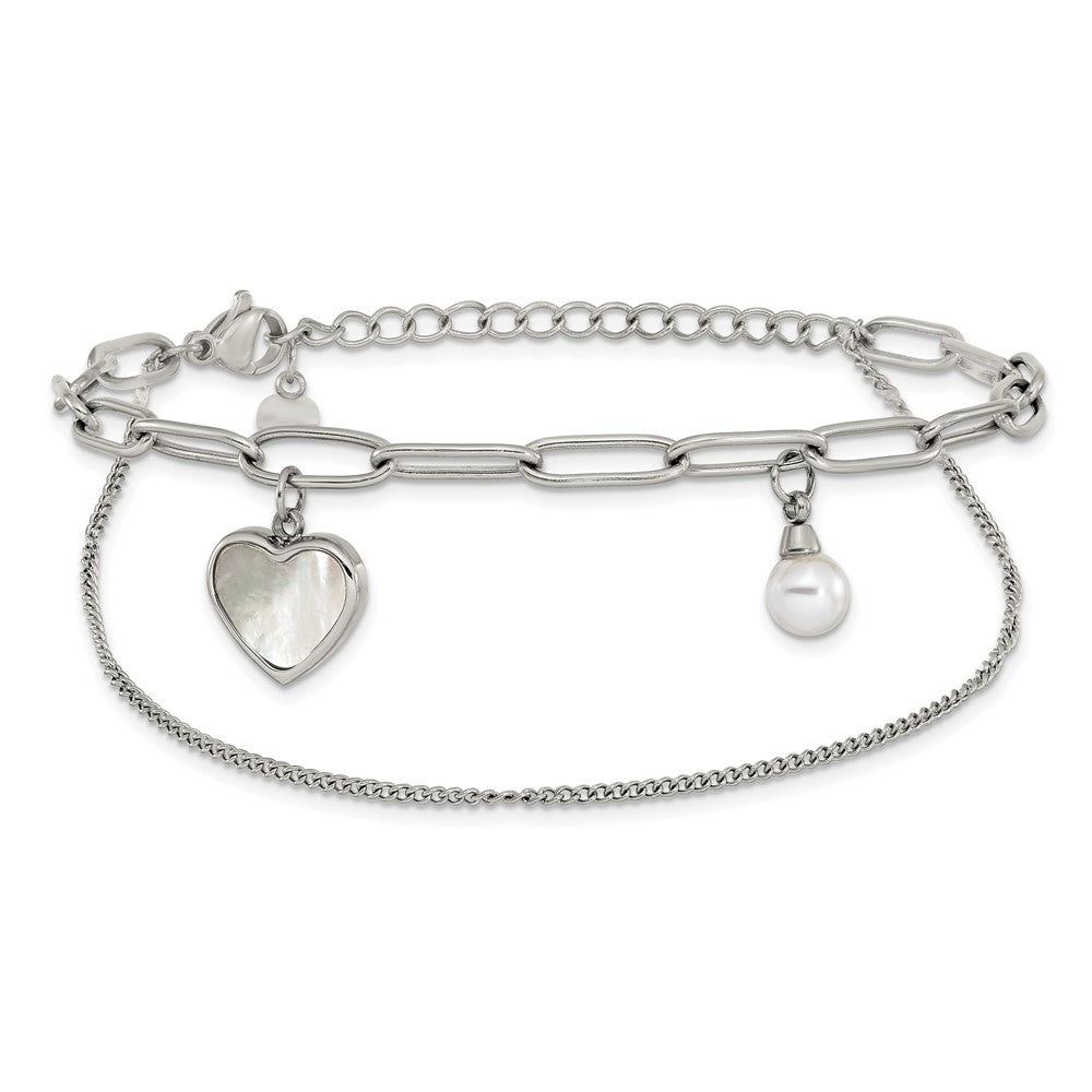 Chisel Stainless Steel Polished Mother of Pearl Heart and Simulated Pearl 6.5 inch Plus a 2 inch Extension Bracelet 6.5 inches