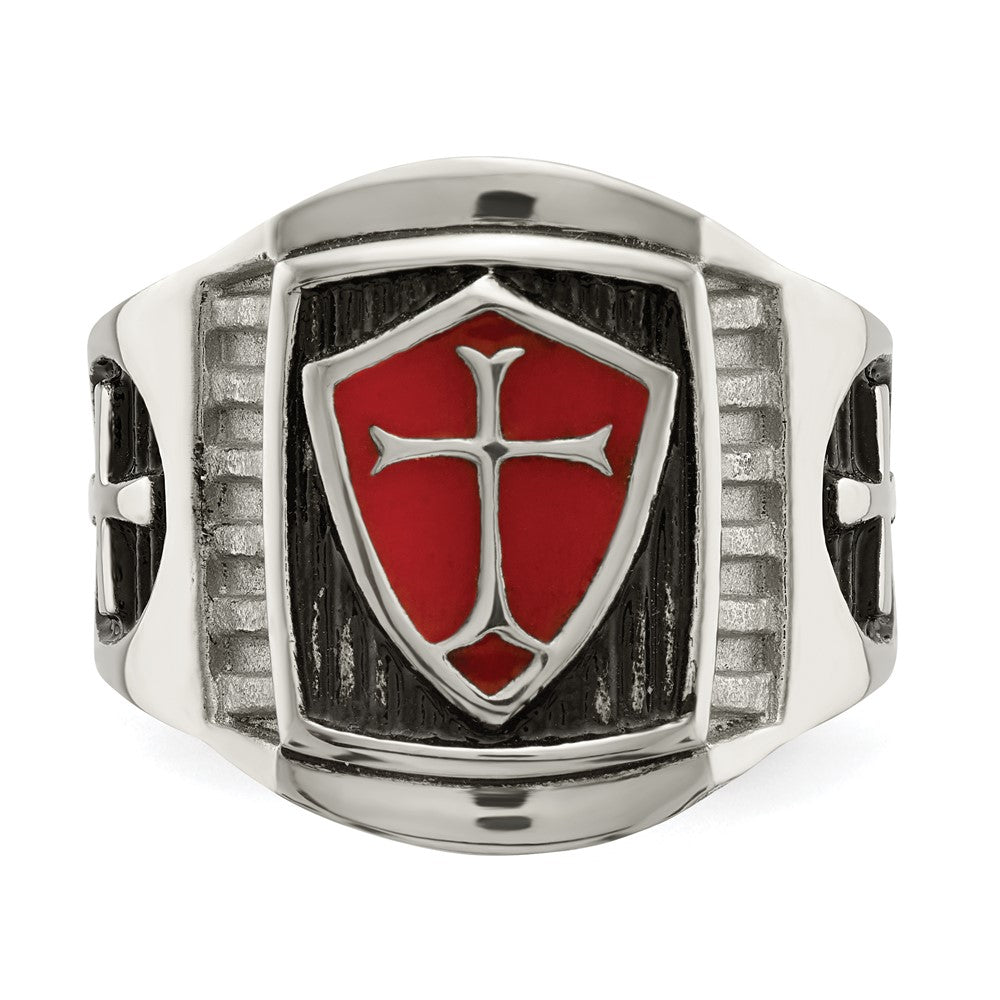Stainless Steel Antiqued and Polished w/Red Enamel Cross/Shield Ring Size - 10