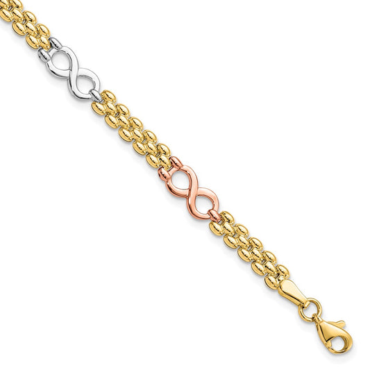10K Tri-color Reversible Infinity Bracelet 7.5  inches