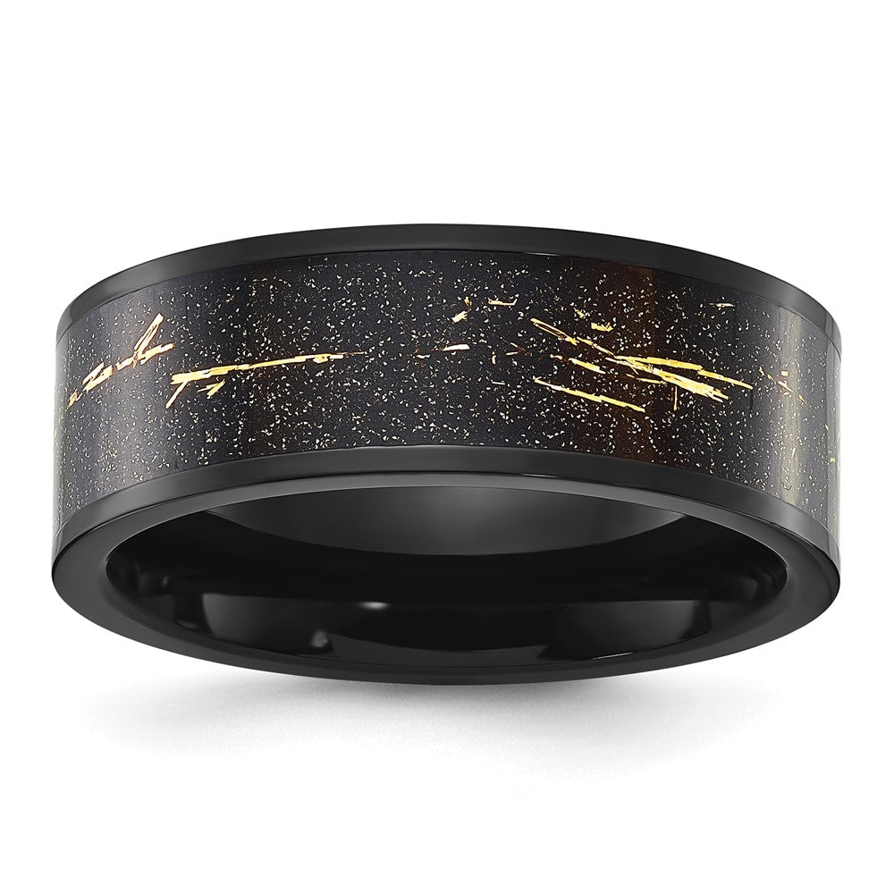 Chisel Stainless Steel Polished Black IP-plated Black and Gold Foil Inlay 8mm Band Size - 14