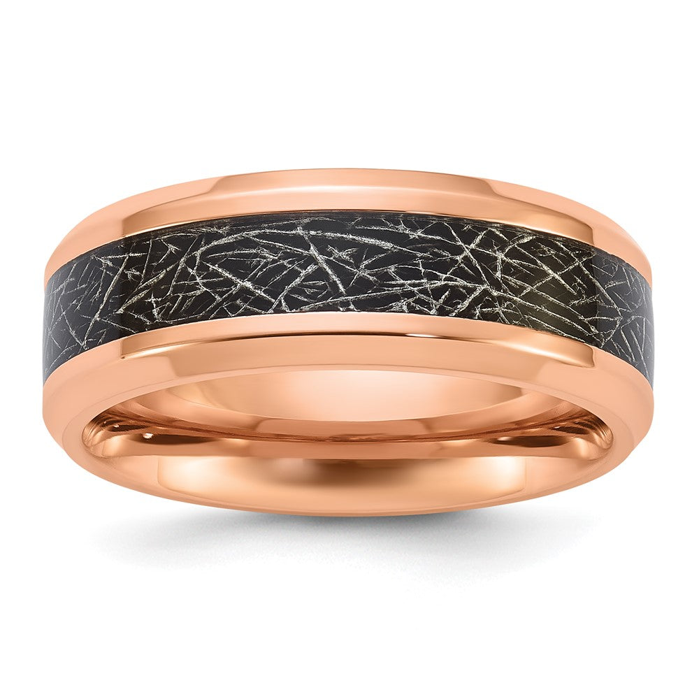 Chisel Titanium Polished Rose IP-plated Synthetic Leather Inlay in Clear Epoxy 8mm Band Size - 10.5