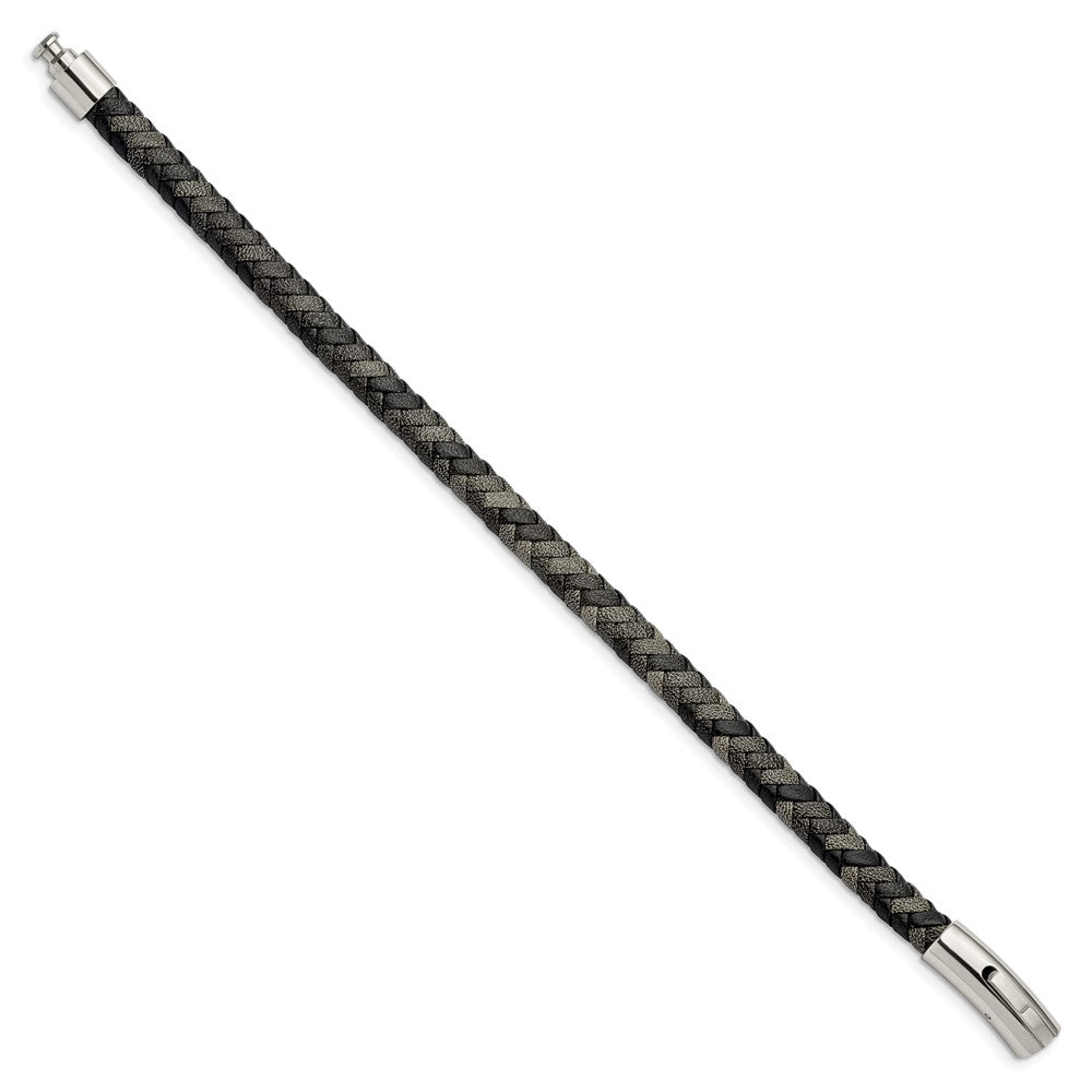 Stainless Steel Polished Black and Grey Braided Leather 8.25in Bracelet 8.25 inches