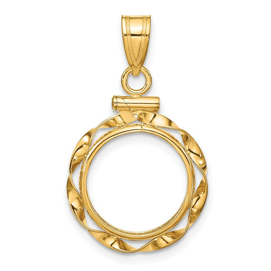 Wideband Distinguished Coin Jewelry 14k Polished Hand Twisted Ribbon 13.0mm x 1.1mm Screw Top Coin Bezel Pendant