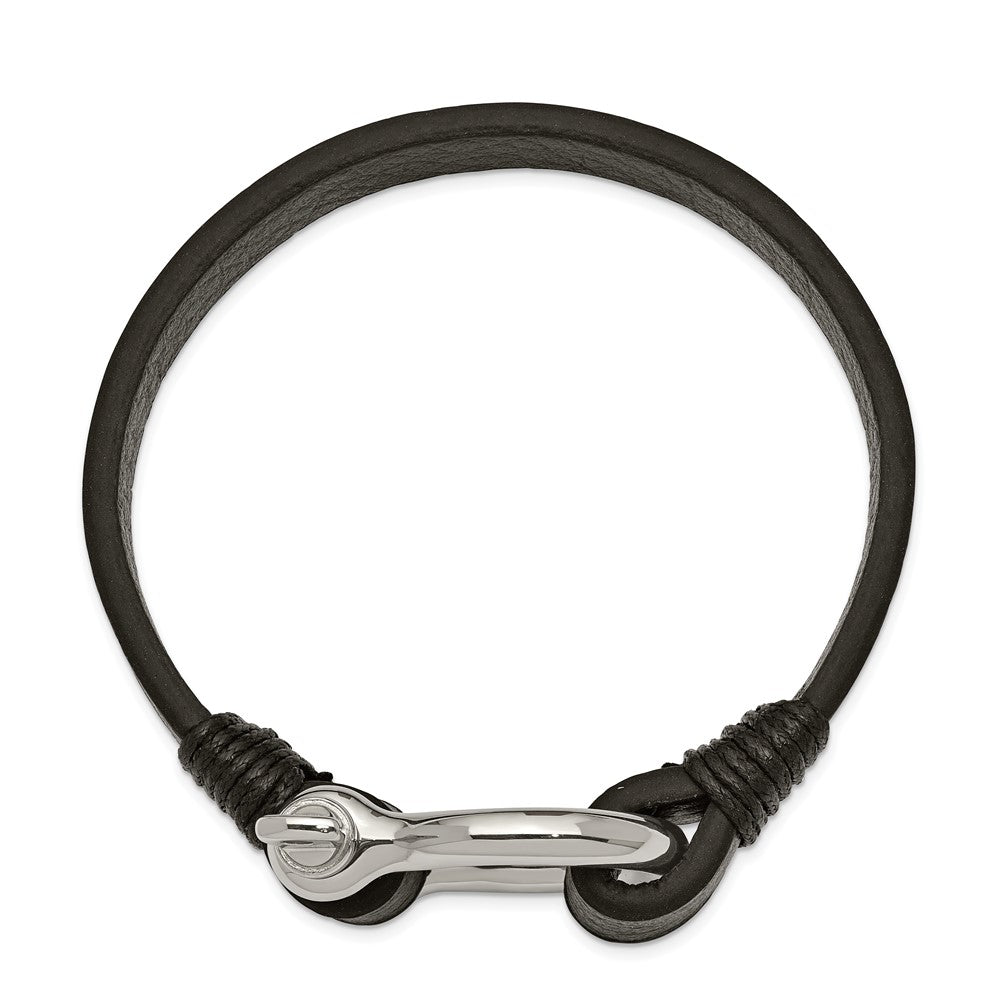 Stainless Steel Polished Black Leather 8.25in Shackle Bracelet 8.25 inches