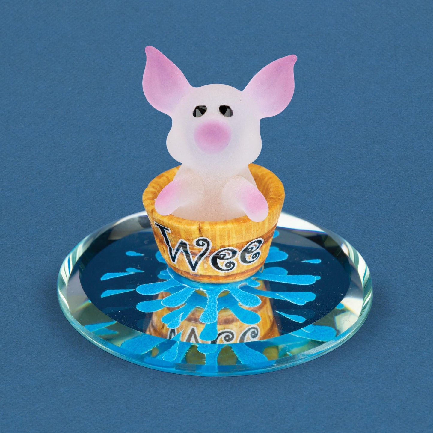 Glass Baron White and Pink Little Wee Pig Figurine in Brown Barrel On Hand Beveled Mirror Base Accented in Genuine Swarovski Crystal