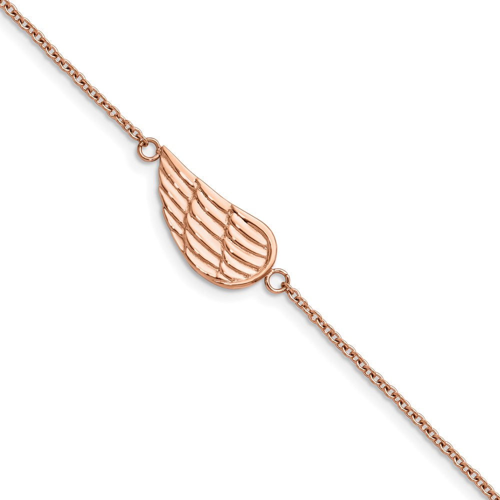 Stainless Steel Brushed/Polished Rose IP Angel Wing w/1.25in ext Bracelet 6.25 inches