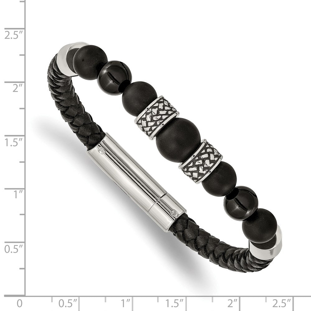 Stainless Steel Antiqued and Polished Black Agate Leather 8.25in Bracelet 8.25 inches