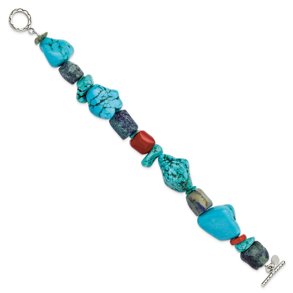 Sterling Silver Red Coral/Howlite/Lapis/Turquoise Bracelet 8 inches