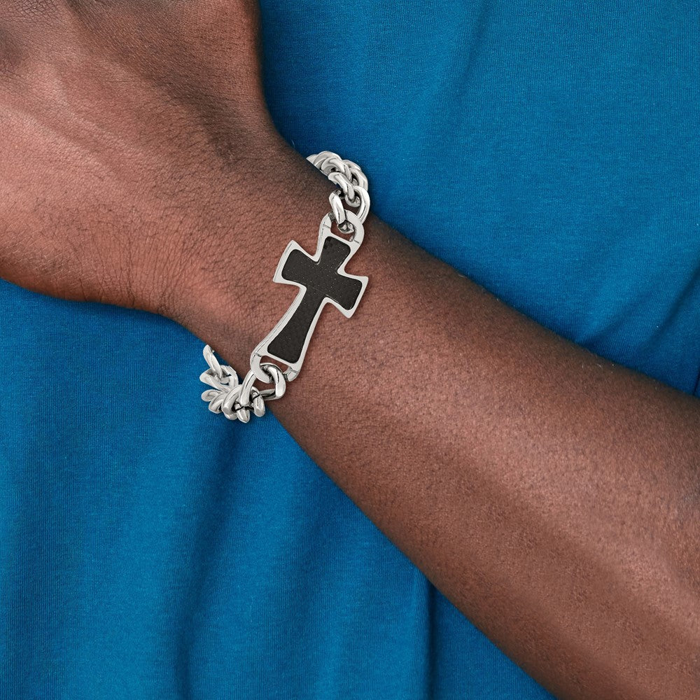 Stainless Steel Polished Black Carbon Fiber Inlay Cross 8.5in Bracelet 8.5 inches