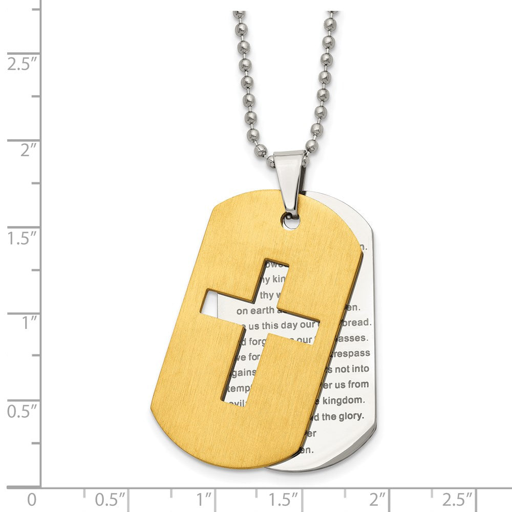 Stainless Steel Brushed and Polished Yellow IP Prayer Cross 22in Necklace
